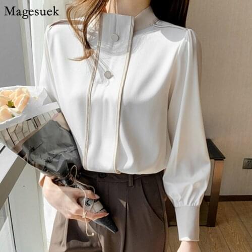 Office Lady Women Shirt Blusas Mujer 2021 Autumn Loose Long Sleeve Chiffon Blouse Women Stand Collar Tops Female Clothing 15067