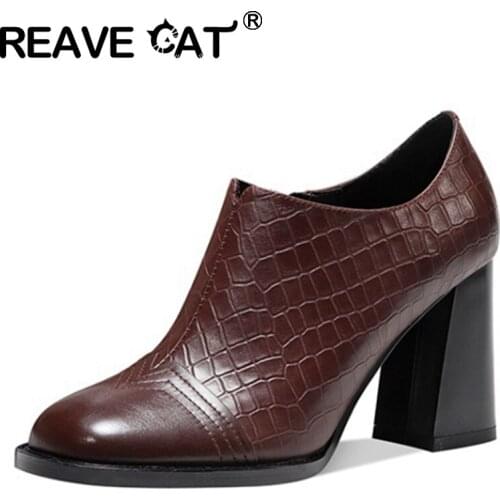 REAVE CAT New 2021 Women Pumps Round Toe 6.5cm Block Heels Genuine Leather Slip-On Simple Classic All-Match Big Size 42 A3525