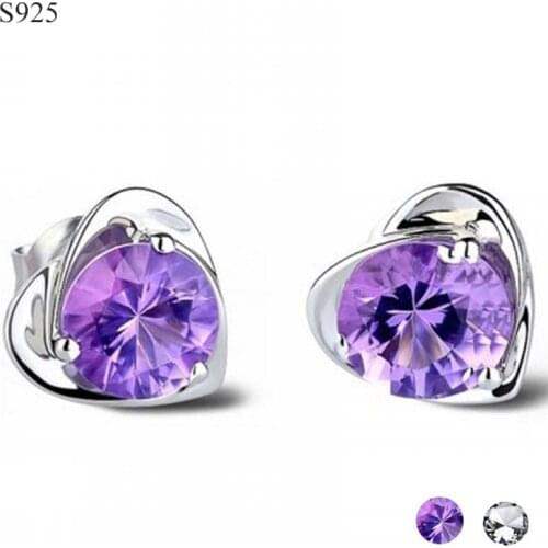 Real Pure Genuine 925 Sterling Silver Stud Earrings for Women Fine Jewelry Purple Cubic Zircon Heart Female Earrings Gift