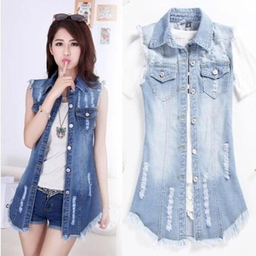 Womens Vests Coat Summer Outerwear Cotton Frayed Turn-down Collar Denim Vest Jackets Women Ripped Tassels Vintage Jeans Vests