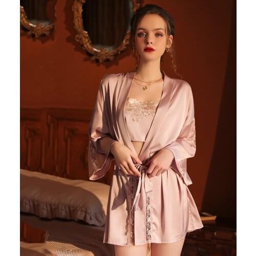 European and American Womens Erotic Lingerie Sexy Satin Stitching Lace Pajamas Lace Bathrobe Home Service Suit Kawaii Underwear