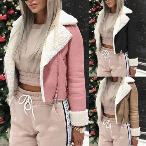 Women Autumn Winter Cropped Coat Top Women Lapel Suede Leather Buckle Cool Pilot Jacket Faux Lamb Wool Motorcycle Jackets @40