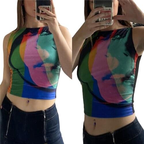 Young Women’s Girls Fashion Street Style Abstract Printing Vest Causal Round Neck Exposed Navel Sleeveless Tops Blue/Black S/M/L