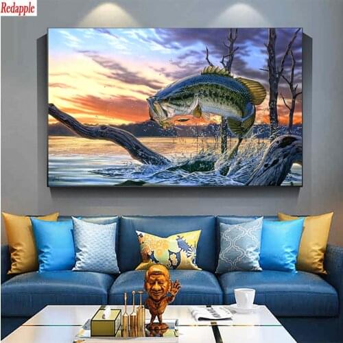 3d round square diamond embroidery Jumping on a largemouth bass on the lake Diy full diamond painting stitch cross picture