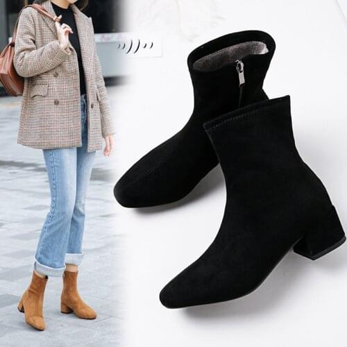 Womens Boots Pointed Toe Yarn Elastic Ankle Boots Thick Heel High Heels Shoes Woman Female Socks Boots 2021 Spring