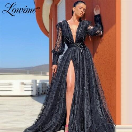 Deep V Neck Black Party Dresses Full Sleeve Evening Gown Middle East Dubai Women Evening Wear Sequins Prom Dress Robe De Soiree
