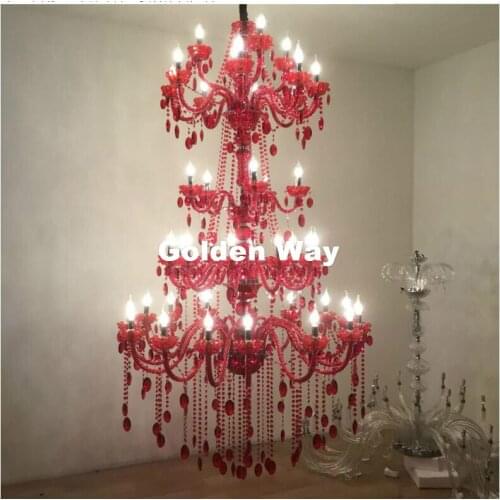 European 5 Layers 42 Arms LED Red Crystal Chandelier Stair Long Crystal Chandelier Lighting Restaurant Hotel Hall Villa Lighting