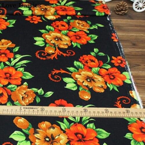 Cotton/Linen Ethnic Style BLACK Orange Yellow Camellia Flowers Fabric For DIY Apparel Dress Tablecloth Cushion Craft Decoration