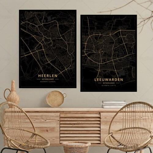 Lnterior Decoration Heerlen city Maps The Leeuwarden city Print Golden Gloss Black Art Canvas Painting Poster