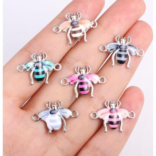 Silver Plated Enamel Colorful Bee Charm Connectors for Jewelry Making Bracelet Necklace Craft DIY Accessories 22x16mm 6pcs