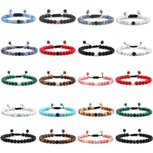 6MM Leather Rope Adjustable Bracelet Men Lava Turquoises Tiger Eye Natural Stone Beads Bangles Jewelry Energy Healing Yoga Gift