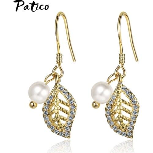 Beautiful Golden Leaf Zircon Simulated Pearl 925 Sterling Silver Drop Earrings Women Korean Trend Simple Piercing Ear Jewelry