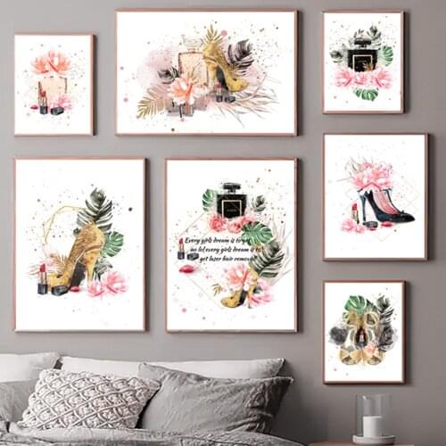 Fashion Perfume Lipstick High Heels Peony Wall Art Canvas Painting Nordic Posters And Prints Wall Pictures For Living Room Decor