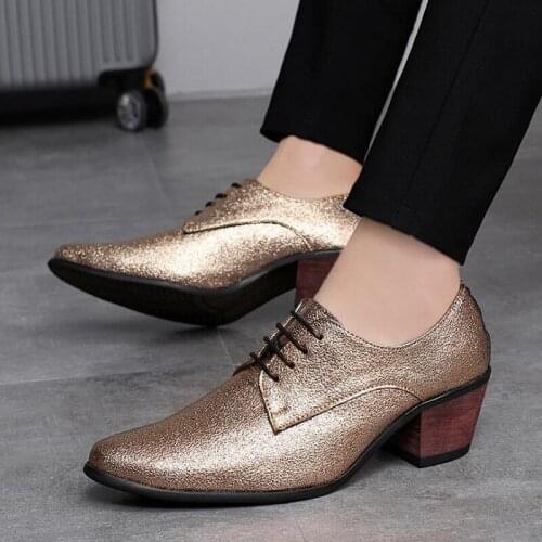Men Oxford Dress Shoes Lace Up Pointed Toe High Heels Luxury Gold Silver Wedding Groom Shoes Bling Glitter Party Prom H321
