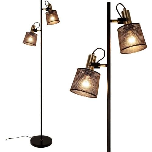 Retro Vintage Floor Light E27/E26 220V 110V Double Heads Floor Lamp Black Metal Net Light with Foot Switch for Living Room Study