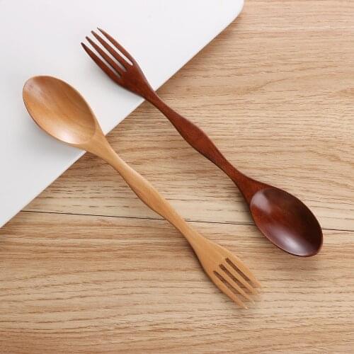 1PC New 2 in1 Natural Log /Red Wood Cutlery Dual Head Soup Spoon Fork Dinner Tableware Flatware Set Kitchen House Accessories