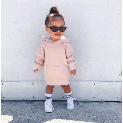 Little Girl’s Long Sleeve Solid Color Casual Loose Hooded Pullover Autumn Winter Dress With Pocket for Children