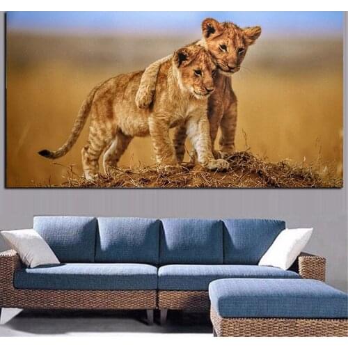 Wildlife Posters and Prints African Brotherly Love Lions Cubs Animals Canvas Painting Wall Art Pictures For Living Room Decor