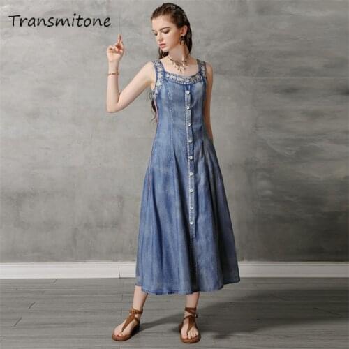 Summer Embroidery Dress 2019 Vintage Women Denim Dresses Square Collar Sleeveless Single Breasted Dress Female Vestidos KE82172