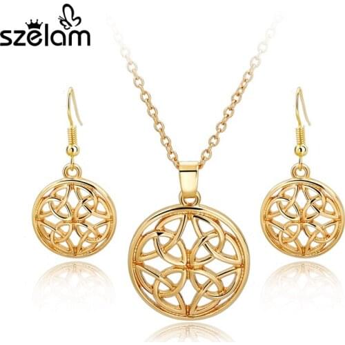 Szelam 2019 Luxury Gold Drop Earrings Necklaces Hollow Round Jewelry Sets for Women Fashion Wedding Anniversary SET160004