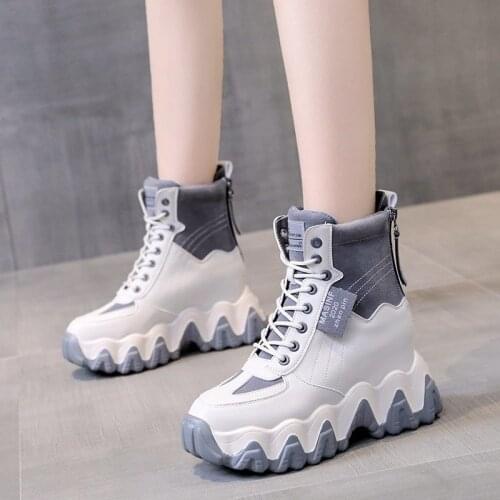 New Autumn Zipper High-top PU Leather Shoes 2021 Spring Women Sneakers Boots High Heels Increased Within 7CM Wedges Casual Boots