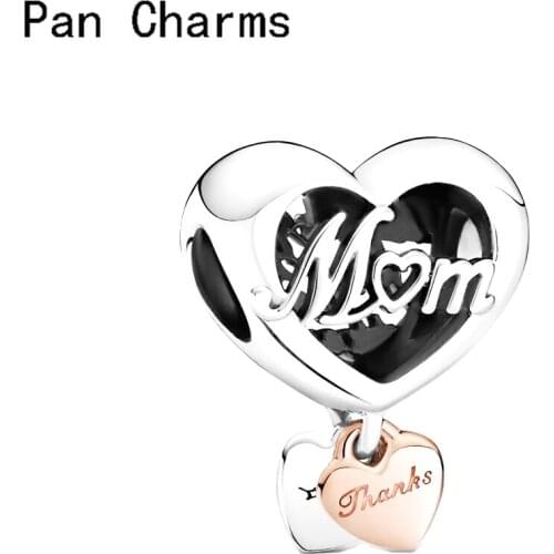 2021 Mothers Day 925 Silver Color Thank You Mum Heart Charms Beads Fit Original Pandora Bracelet Necklace Jewelry Making Gift