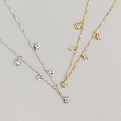 YPAY 100% Genuine 925 Sterling Silver Chain Necklaces for Women Europe INS Geometric Stars Zircon Necklace Fine Jewelry YMN205