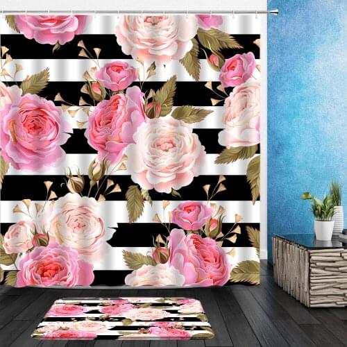 2pcs Set Flower Shower Curtains Floral Plant Leaf Black White Geometric Stripes Bathroom Hanging Fabric Curtain With Flannel Mat