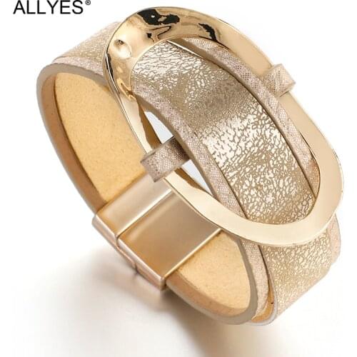 ALLYES Leather Bracelets For Women Fashion Metal Round Shape Big Charm Boho Wrap Wide Bracelet Bangles Femme Jewelry