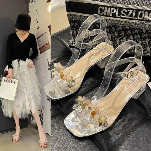 Roman Sandals Women 2021 New Summer One-word Buckle All-match Fashion Transparent Rhinestone Thick Heel Korean High Heels
