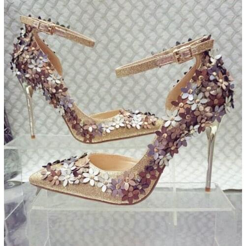 Spring newest flower embellished pointed toe high heel shoes bling bling glitter ankle strap woman pumps gold wedding heels