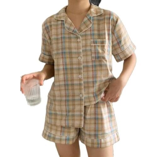 2PCS Plaid Summer Lady Lounge Pajamas Suit Women Sleepwear Short Sleeve Top Shorts Home Suit Colorful Patchwork Loose Pyjamas