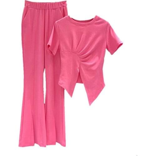 Summer Women Fashion 2-piece Outfit Set 2021 Irregular Short-sleeved Cotton Tshirt and flare pants suit women