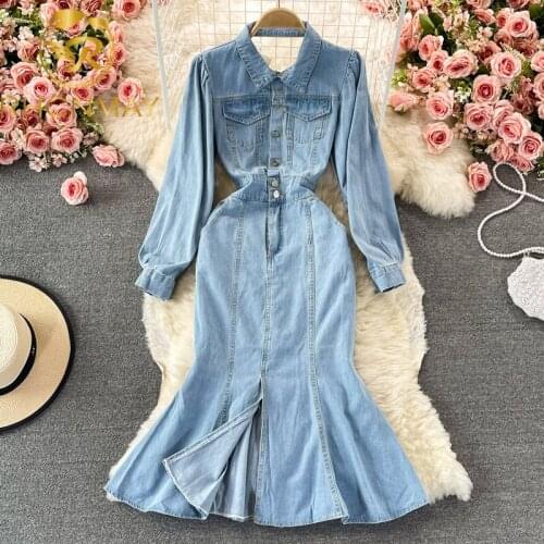 New Women Autumn Turn Down Collar Denim Mermaid Long Dress Long sleeves Slim Elastic Waist Single-Breasted Cowboy Fishtail Dress