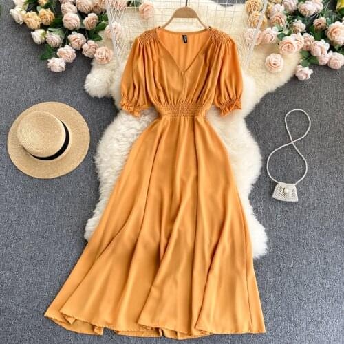 Teeuiear Slim Vintage V Neck folds Long Dress Summer Party Women elastic waist dress Vestido de festa elegant tunic a-line dress