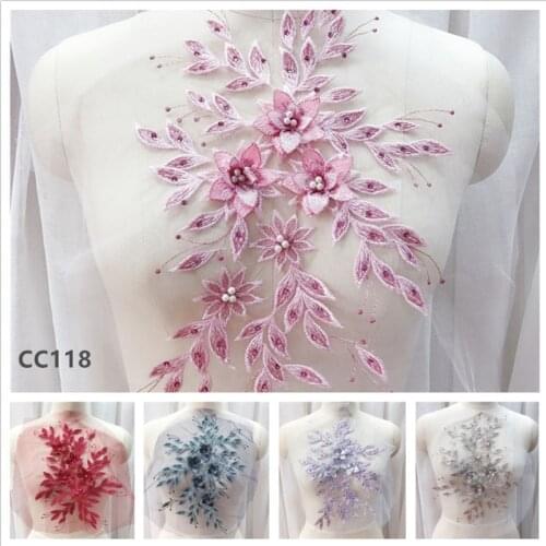 1pcs bead embroidered pink red purple lace applique lace collar wedding dress DIY head ornaments sewing patch accessories CC118