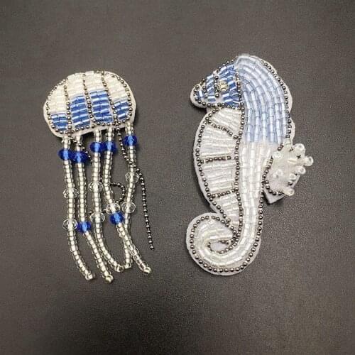 3D Handmade Beaded Rhinestone Hippocampus Jellyfish Fish Patch DIY Crystal for Clothes Bag Sew on Applique Decorative