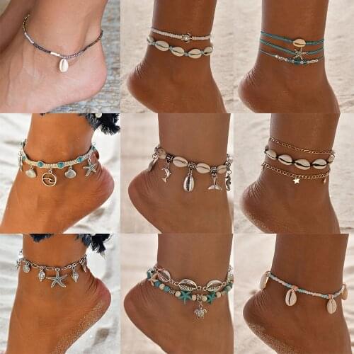 Bohemia Handmade Natural Shell Conch Beaded Ankle Bracelets Female Sea Star Tortoise Layered Anklets Summer Beach Jewelry