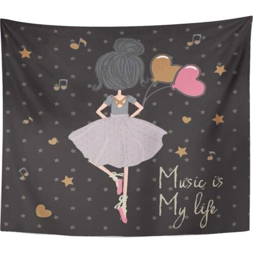 Children Black Shoes Ballerina Girl with Hear Balloon Star Music Cat Book Dancer Home Decor Tapestry Wall Hanging for Living