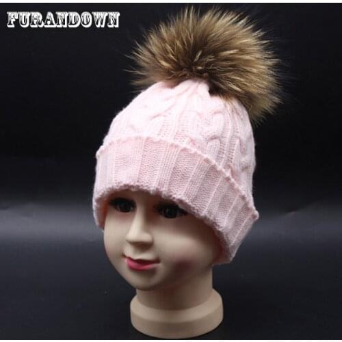 Baby Winter Hat Real Fur Pompom Kids Beanie Children Twist Knitted Hat Boys Girls Skullies Beanies