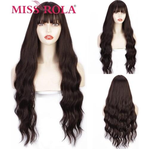 MISS ROLA Long Dark Brown Synthetic Wig for Women Water Wave Daily With Bangs Heat Resistant Natural