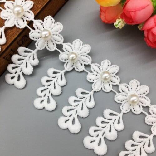 GXINUG 1 Yard White Pearl Flower Tassel Leaf Handmade Embroidered Lace Trim Ribbon Applique Wedding Dress DIY Sewing Craft