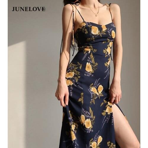 JuneLove French Sweet Vintage Boho Floral Dress Women Casual Spaghetti Strap Beach Cami Dress Summer Office Lady Party Vestidos