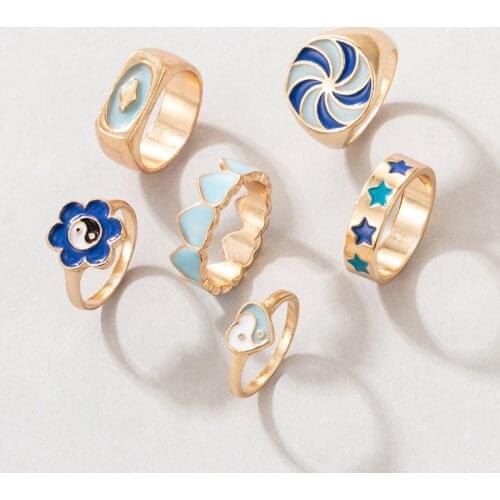 Docona 6pcs/set Colorful Heart Flowers Rings for Women Trendy Geometry Star Tai Chi Metal Gold Ring Set Jewelry Anillos 20090