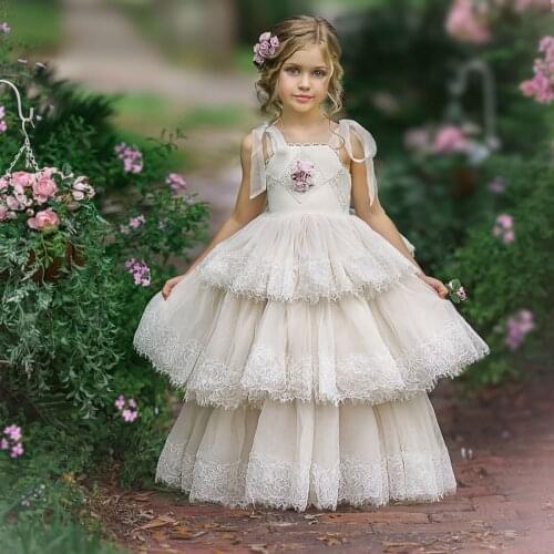 Dark Ivory Flower Girl Dresses for Wedding Lace Tiered Skirts Little Girls Birthday Party Dress Christmas First Communion Gowns