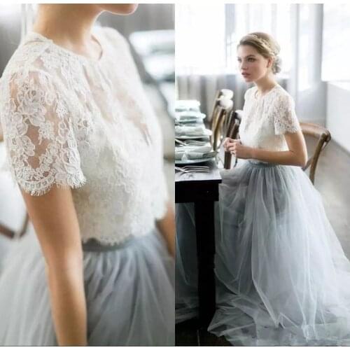 2020 two piece lace tulle dream cheap wedding dress with jewel short sleeve back hollow simple beach wedding guest dress
