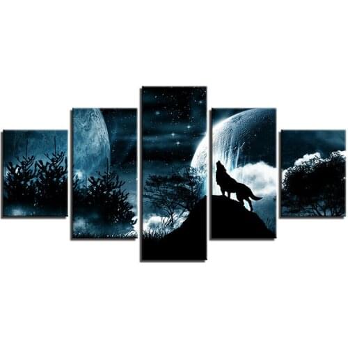 Shadow Wolf howling at Night 5 Pieces Canvas Picture Print Wall Art Canvas Painting Wall Decor for Living Room Poster No Framed