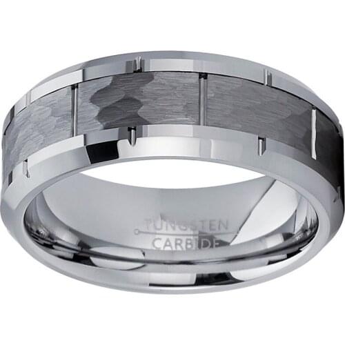 Customize Tungsten Carbide Rings 8mm Men Women Wedding Band Hammer Finish Center Beveled Edges