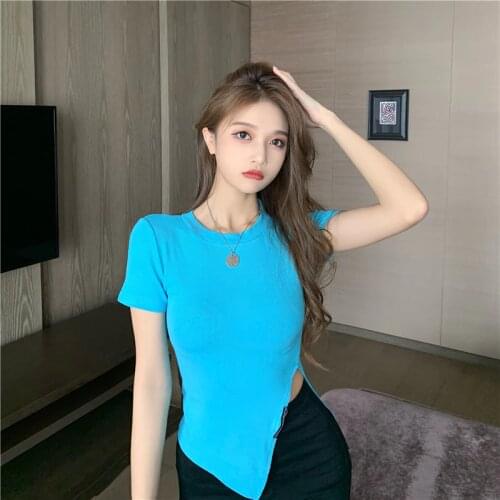 2021Summer The New Bifurcation irregular O collar Women T-shirt Short Sleeve Female Sexy Tshirt Tops