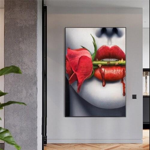 Sexy Bleeding Lips Canvas Paintings On the Wall Art Posters And Prints Bloody Rose Modern Art Canvas Pictures For Living Room